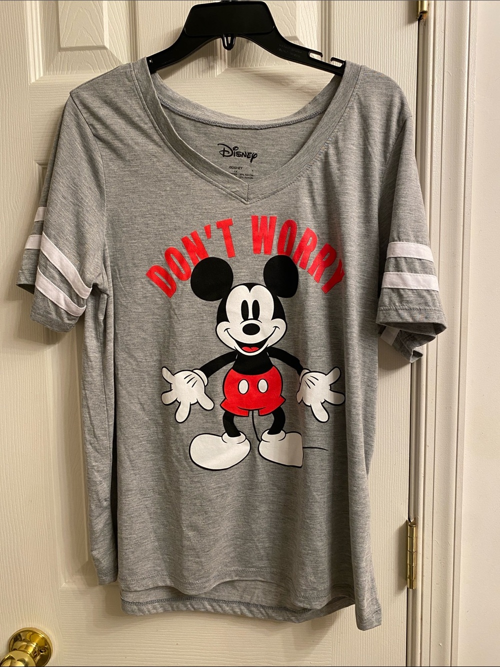 Disney Gray Short Sleeve Tee with Mickey Mouse and Red "Don't Worry" Graphic